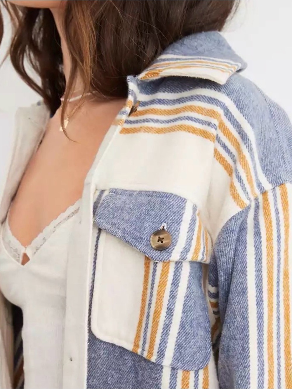 aerie Cream Striped Cozy Top with Mustard and Blue Stripes - Picture 2 of 8
